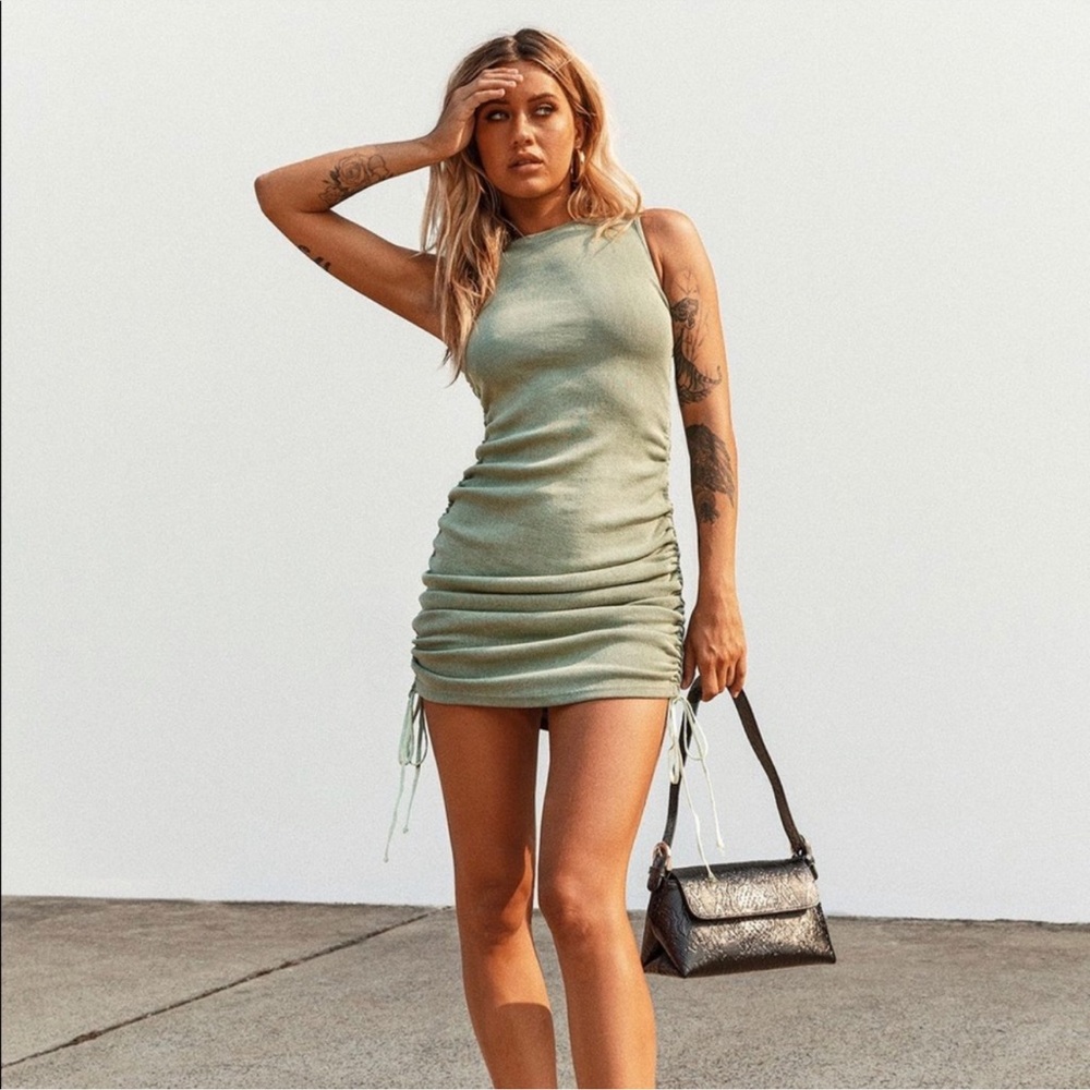 Princess Polly / Lioness Ruched Mini Dress in Sage Green